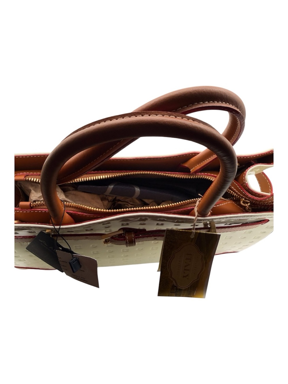 Arcadia Patent Leather Cream Tote with Brown Leather Accents - Picture 3 of 3
